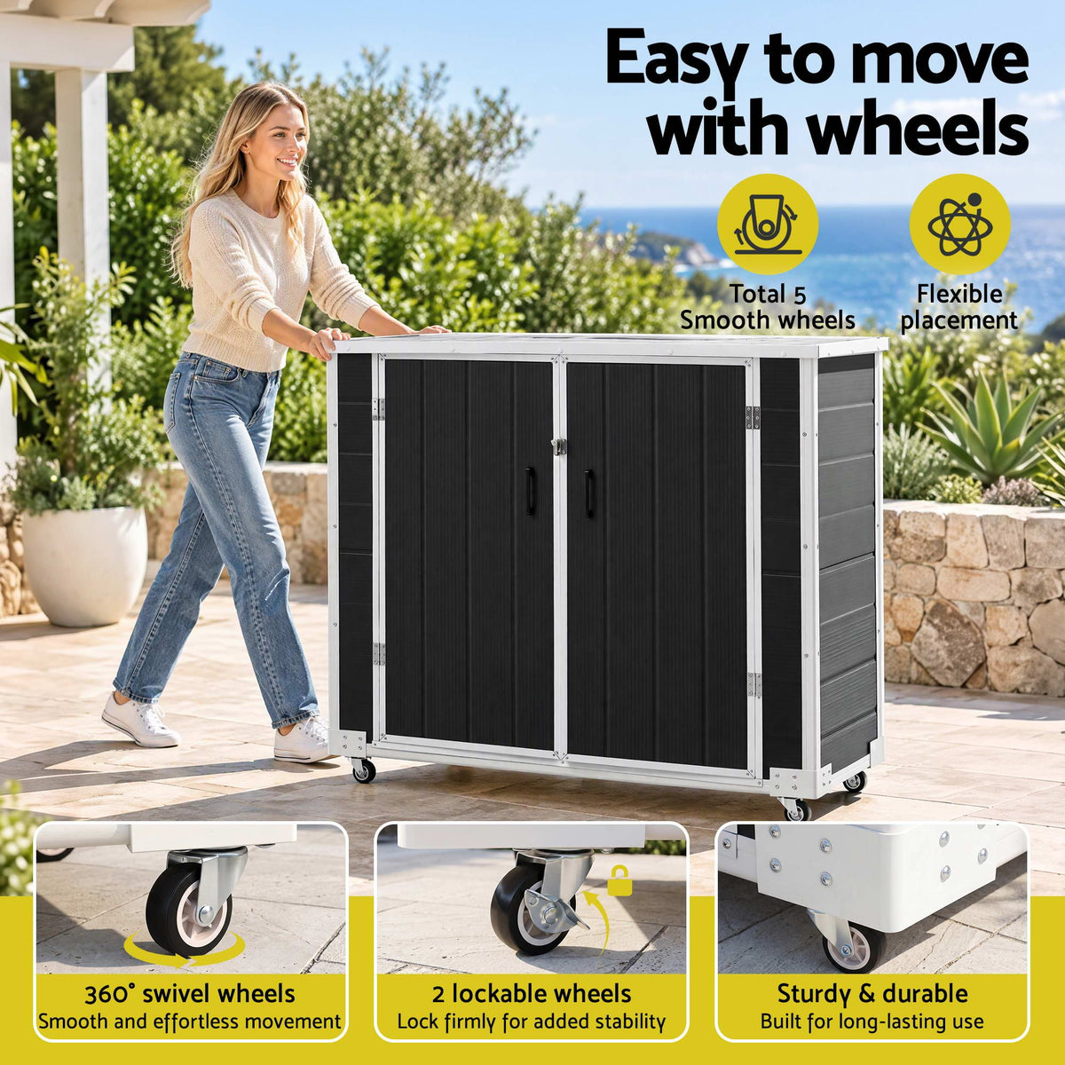 Gardeon Outdoor Storage Box 1164L Garden Shed 5 Wheels Lockable Cabinet Tool Organizer Dark Grey
