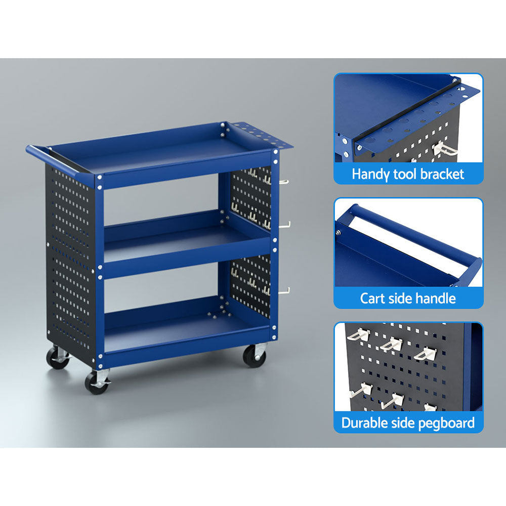 Giantz 3-Tier Tool Trolley Cart Workshop Wheels Mobile Work Mechanic Storage Blue