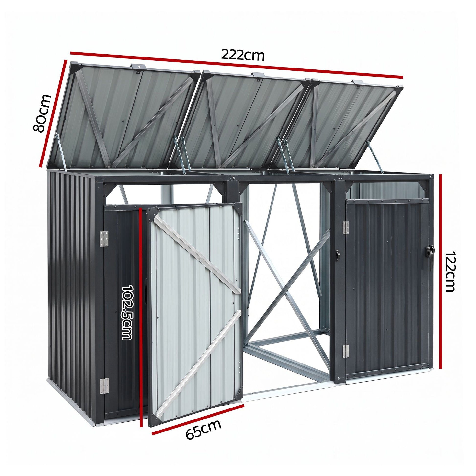 Giantz Bin Shed Triple Wheelie Waste Bins Storage Steel Garden Enclosure Grey