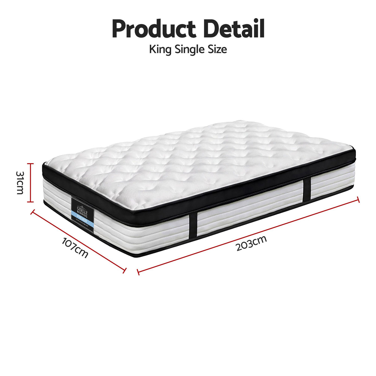 Giselle Bedding 5 Zone King Single Mattress 31cm with Pocket Spring Enhanced Side Handles for Positioning