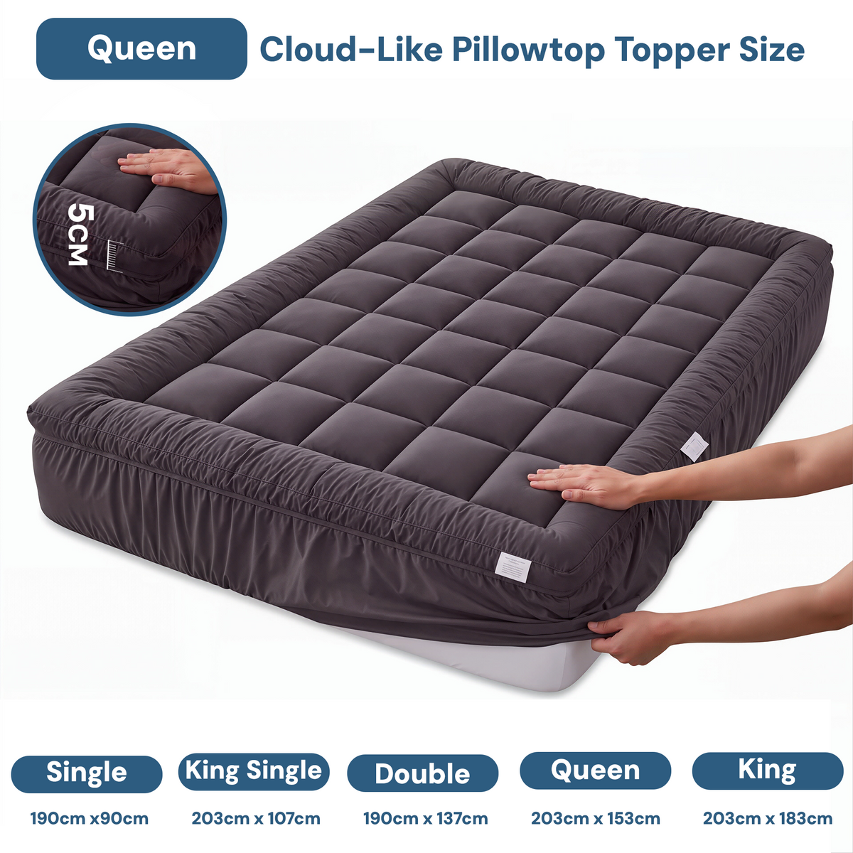 Giselle Bedding Bamboo Charcoal Filling Pillowtop Topper 1000GSM 5cm Thick Pillowtop Pad for Back Pain Relief Washable with 45cm Deep Pocket Queen