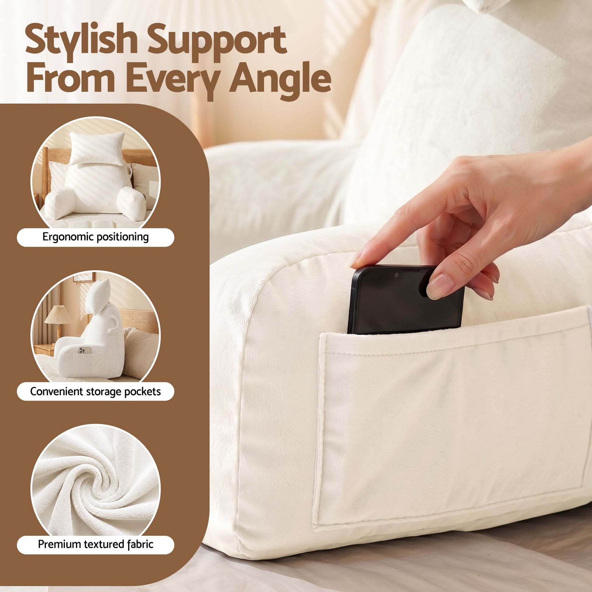 Giselle Bedding Reading Pillow with Detachable Neck Roll & Armrests Sit Up Pillow for Bed Back Support Pillow for Watching TV & Gaming Beige