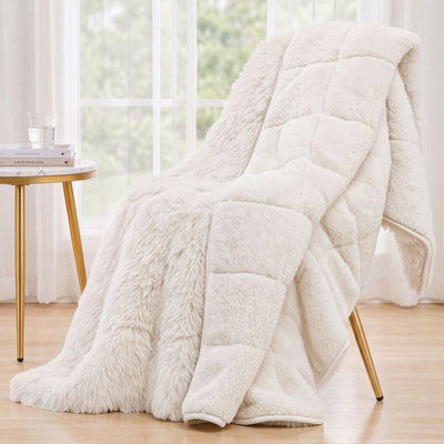 Giselle Faux Fur Weighted Blanket 2 Sided Long Pile Sherpa Reverse Cream 11KG 152 x 203cm