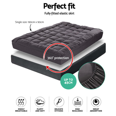 Giselle Single Mattress Topper Pillowtop 1000GSM Charcoal Microfibre Bamboo Fibre Filling Protector