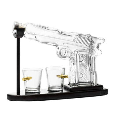 1.2L Whisky or Wine Decanter Glass Pistol Set - 2 Shot Glasses + Wooden Stand