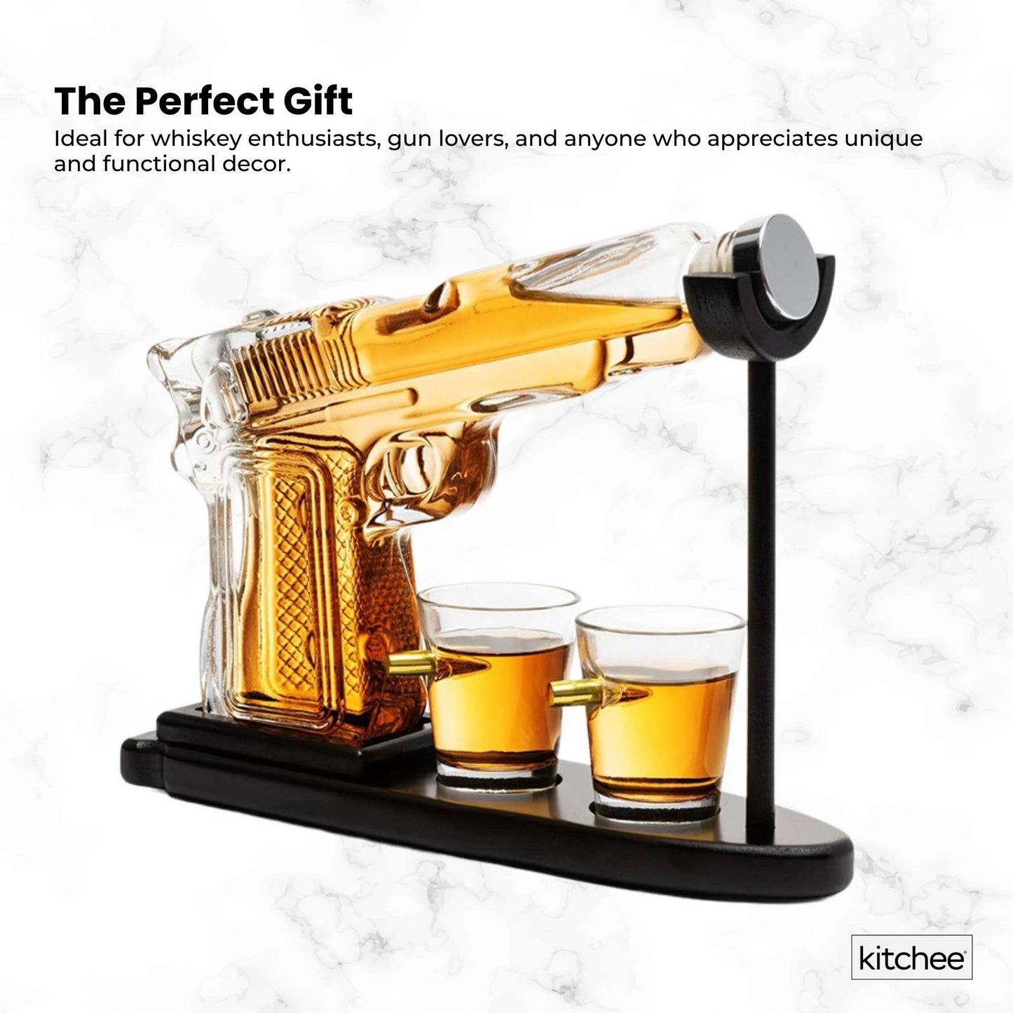 1.2L Whisky or Wine Decanter Glass Pistol Set - 2 Shot Glasses + Wooden Stand