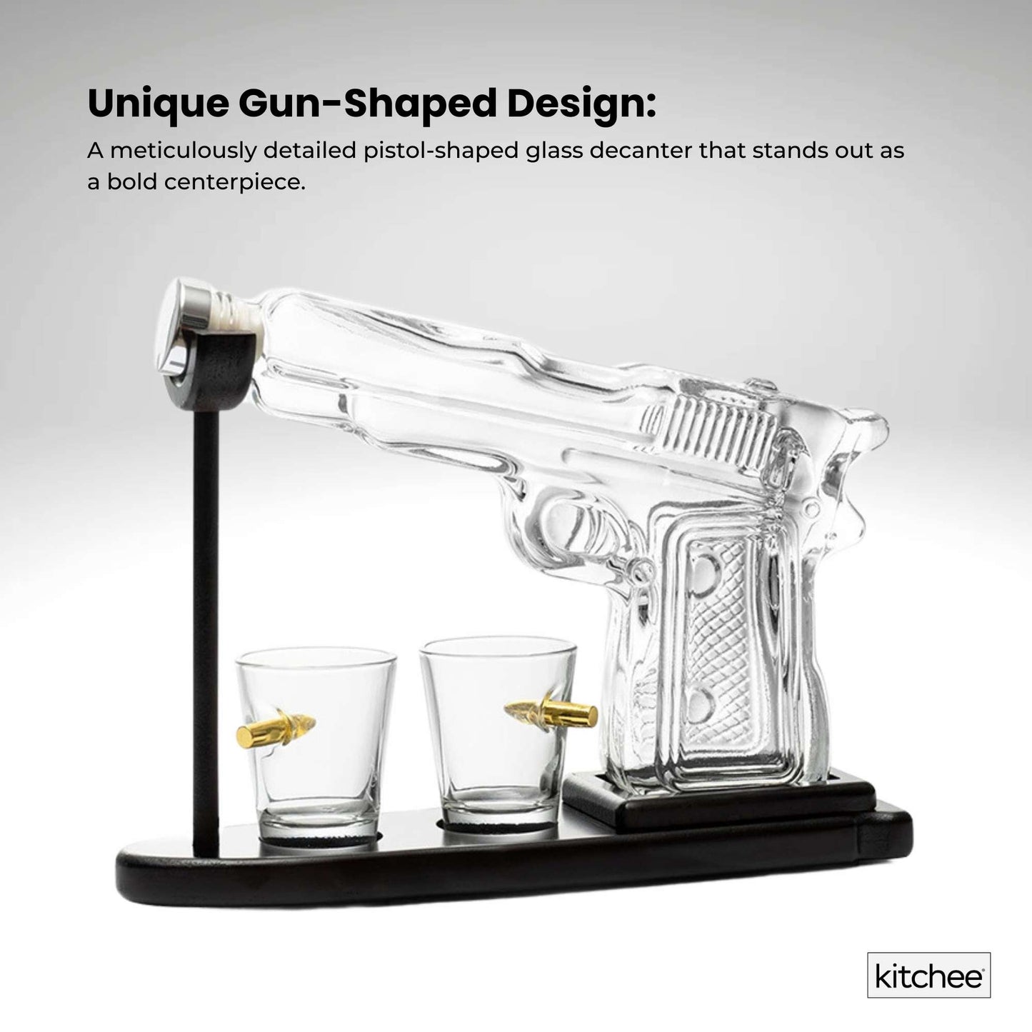 1.2L Whisky or Wine Decanter Glass Pistol Set - 2 Shot Glasses + Wooden Stand