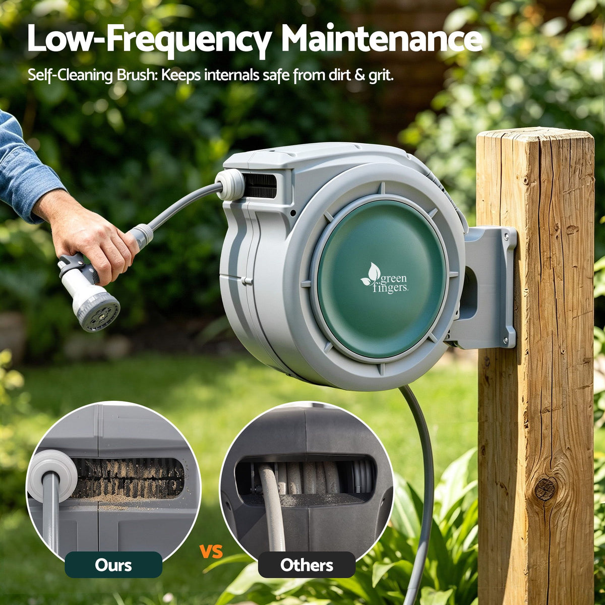 Green Fingers 10m Retractable Water Hose Reel, Wall Mounted Garden Hose 9-Pattern Nozzle