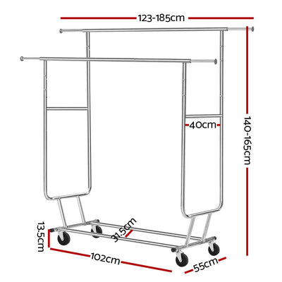 Artiss 6FT Double Rail Clothes Rack Coat Stand Adjustable Garment Rolling Hanger