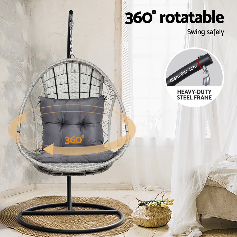 Gardeon Outdoor Egg Swing Chair with Stand Cushion Wicker Armrest Light Grey