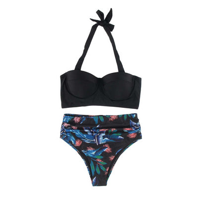 High Waisted Halter Bikini Swimwear Push Up Tropical Leaf Print Bathing Swimmers