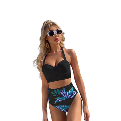 High Waisted Halter Bikini Swimwear Push Up Tropical Leaf Print Bathing Swimmers