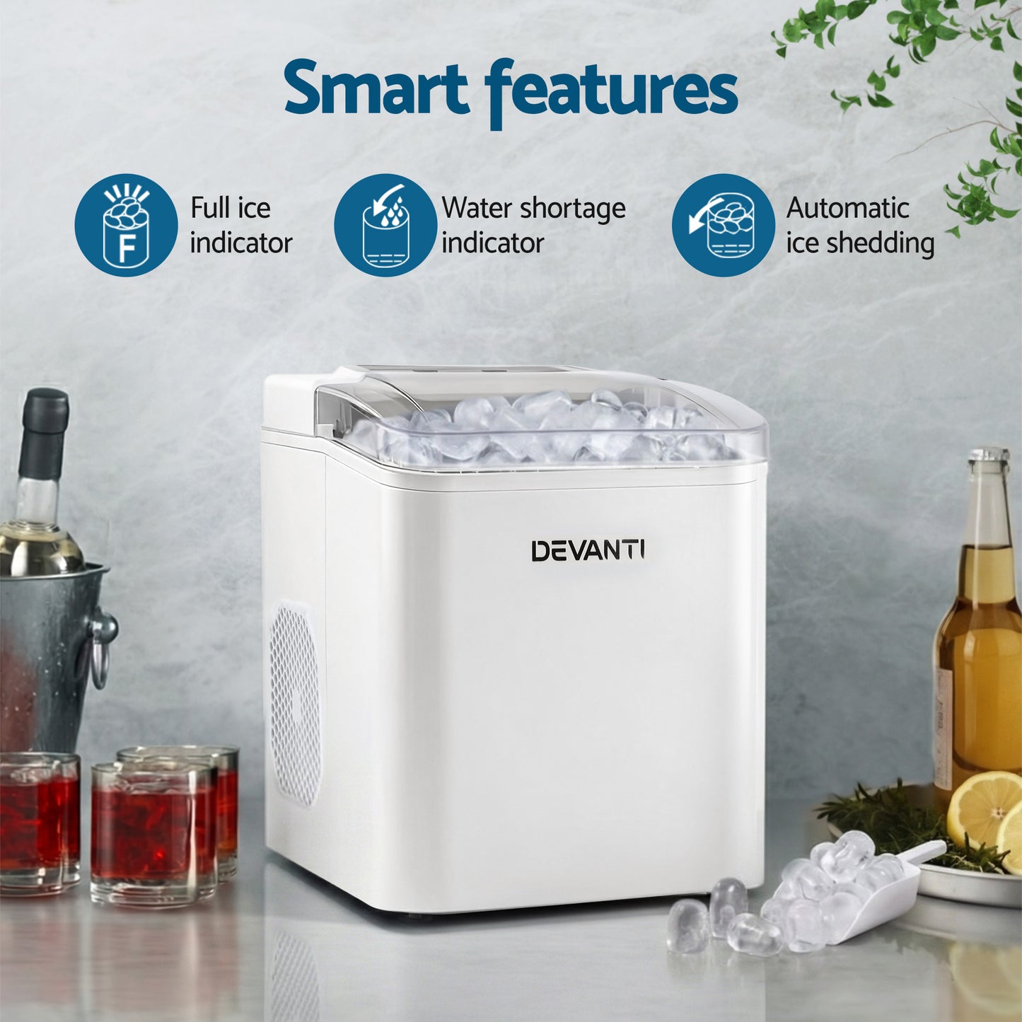 Devanti Ice Maker Machine Portable 12kg Countertop w/Self Cleaning 1.2L White