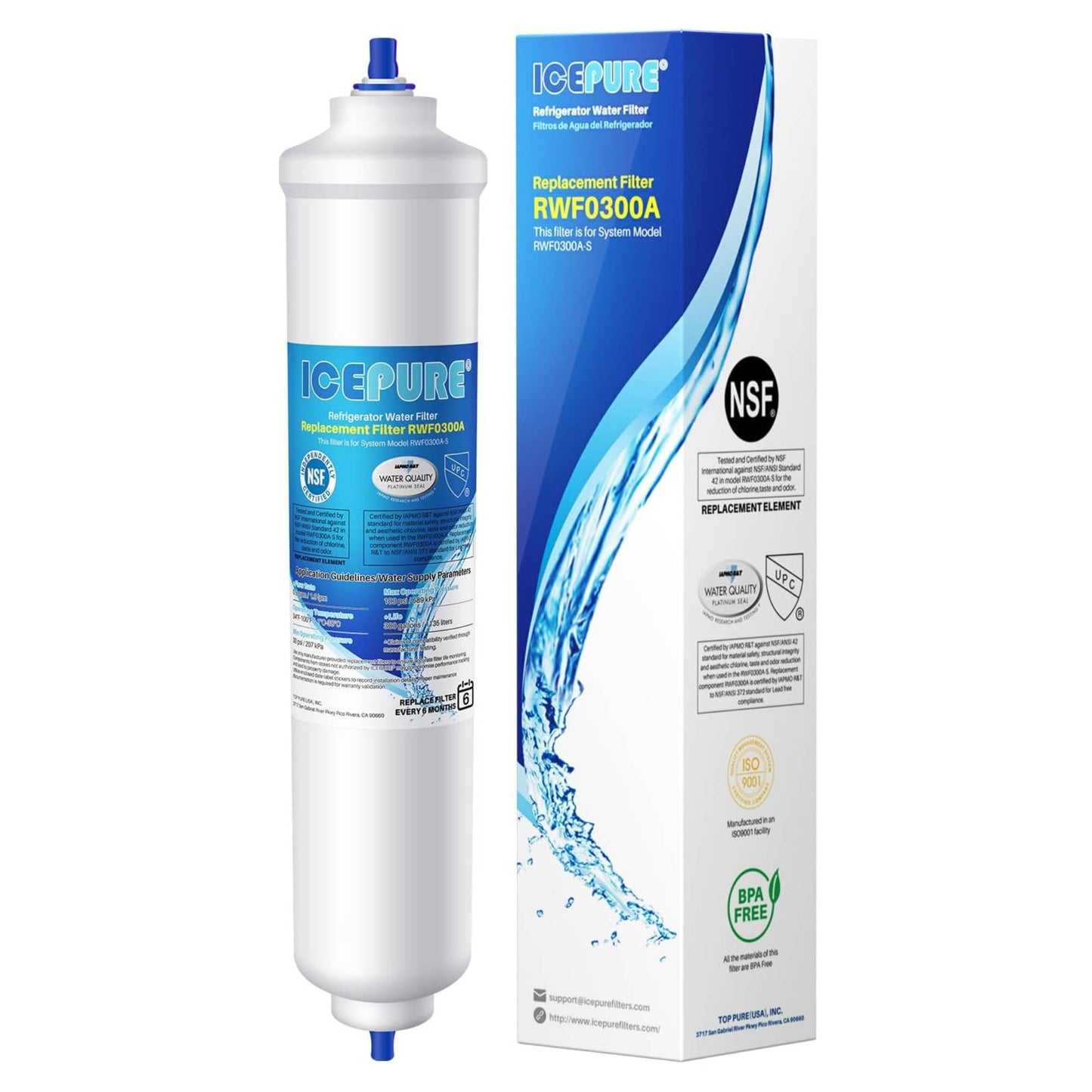 IcePure RWF0300A RFC0300A Inline Fridge Water Filter Replacement 1/4 Inch