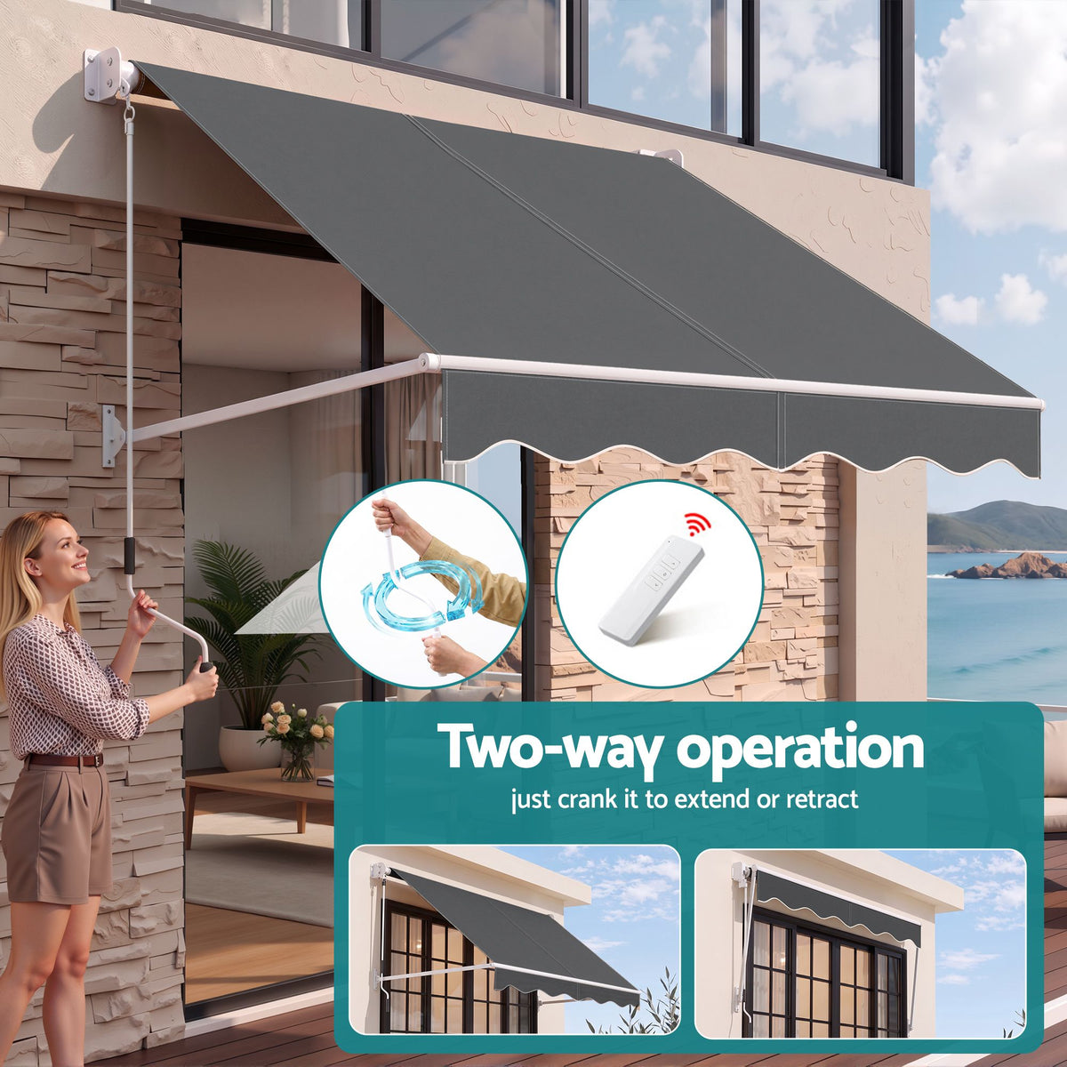 Instahut Motorised Pivot Arm Awning Window Sun Shade 2.1 X 2.1M Grey