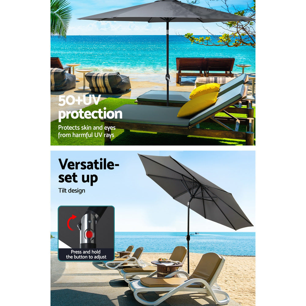 Instahut Outdoor Umbrella 3m Base Beach Pole Garden Tilt Sun Patio UV Charcoal