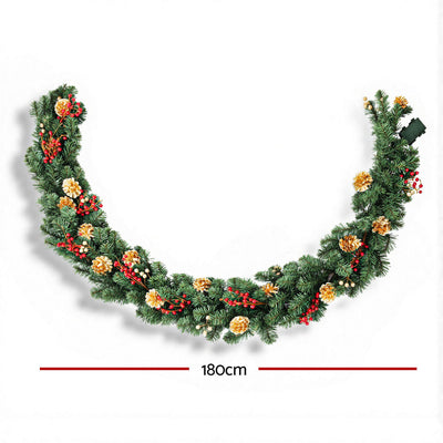 Jingle Jollys 1.8M Christmas Garland Pre-lit LED Pine Cones Berries Xmas Decor
