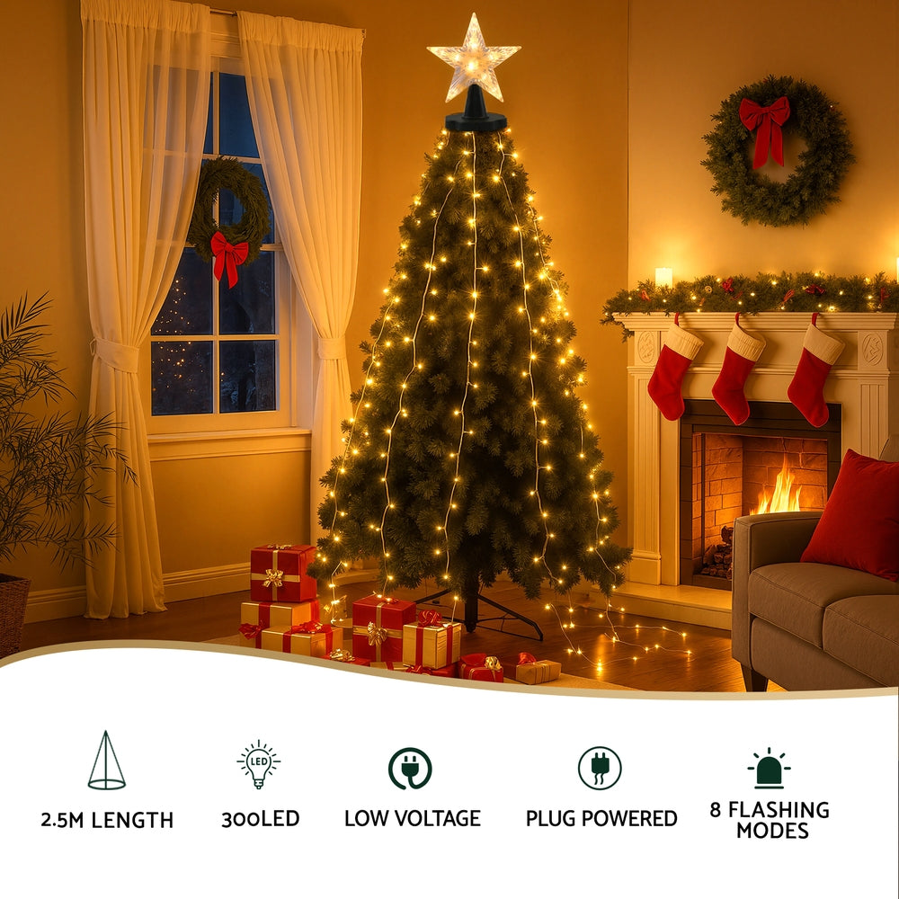 Jingle Jollys 2.5M Christmas Lights Waterfall String Light 300 LED Star Topper