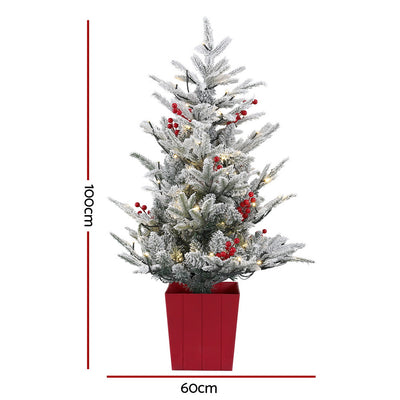 Jingle Jollys Christmas Tree 1M LED Potted Xmas Party Decor Red Barries Flocked