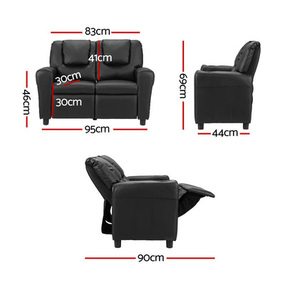 Keezi Kids Recliner Chair Double PU Leather Sofa Lounge Couch Armchair Black