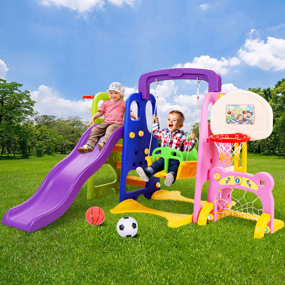 Keezi Kids 7-in-1 Slide Swing with Basketball Hoop Toddler Outdoor Indoor Play