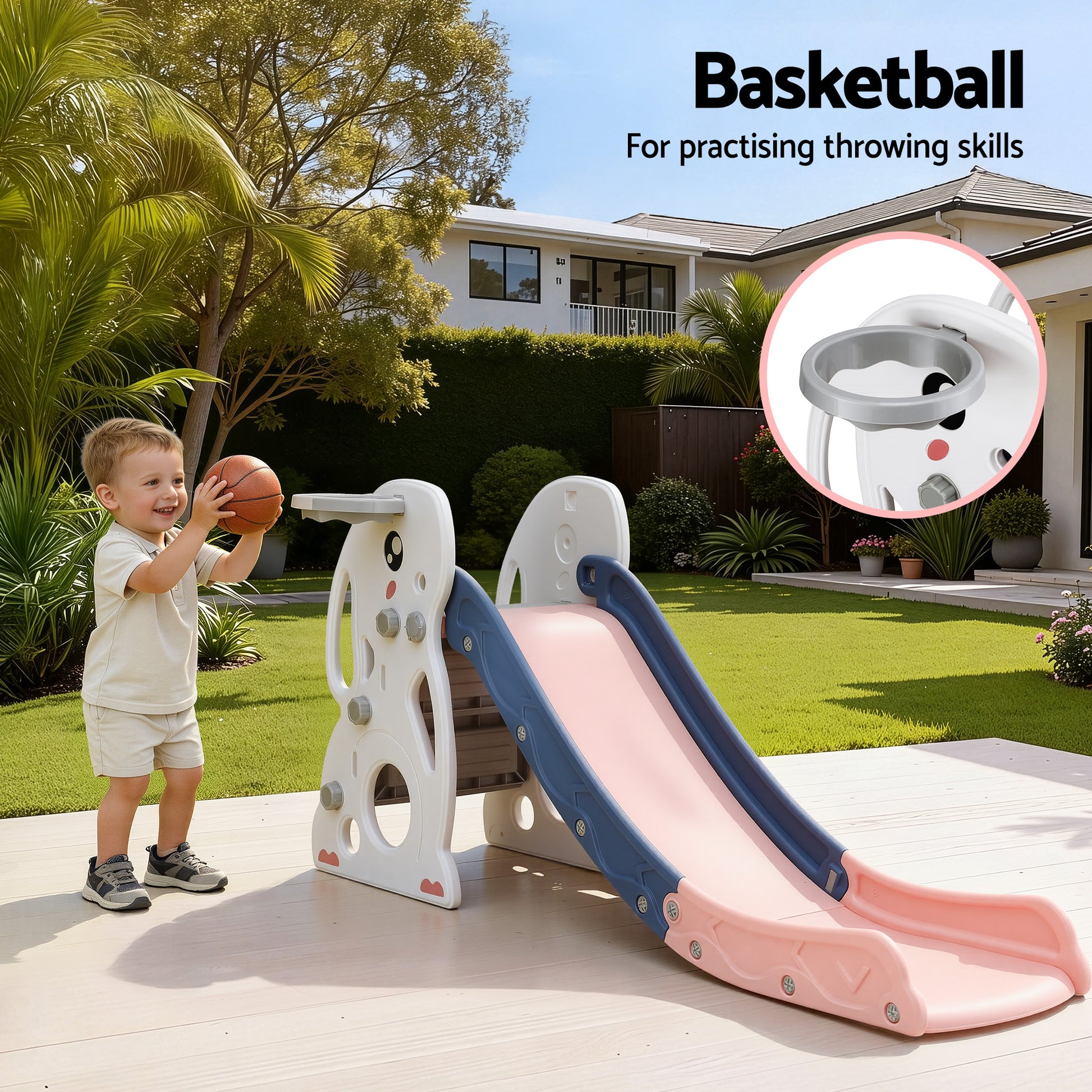 Keezi Kids Slide Set Basketball Hoop Ring Outdoor Playground Toy Rabbit 147cm