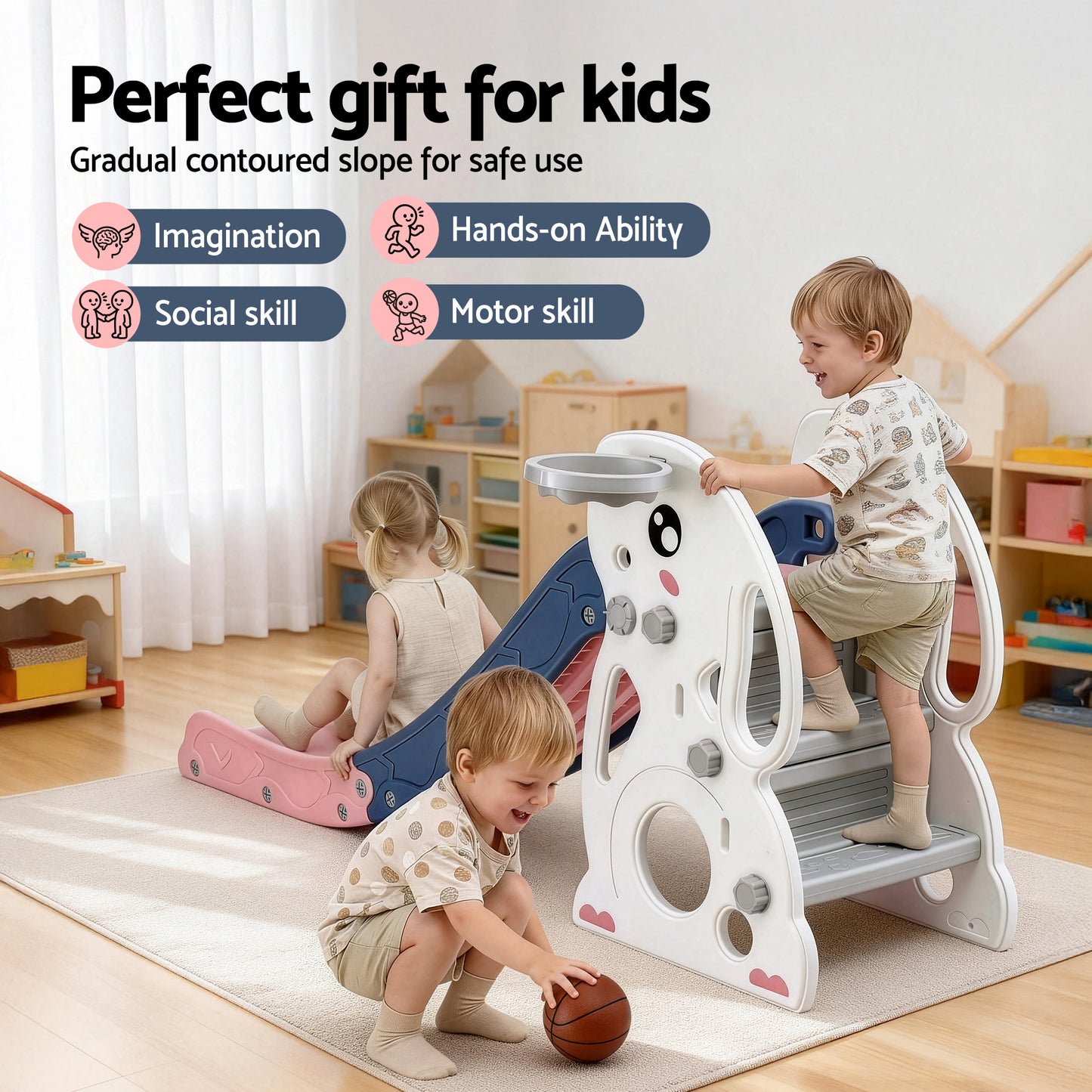 Keezi Kids Slide Set Basketball Hoop Ring Outdoor Playground Toy Rabbit 147cm