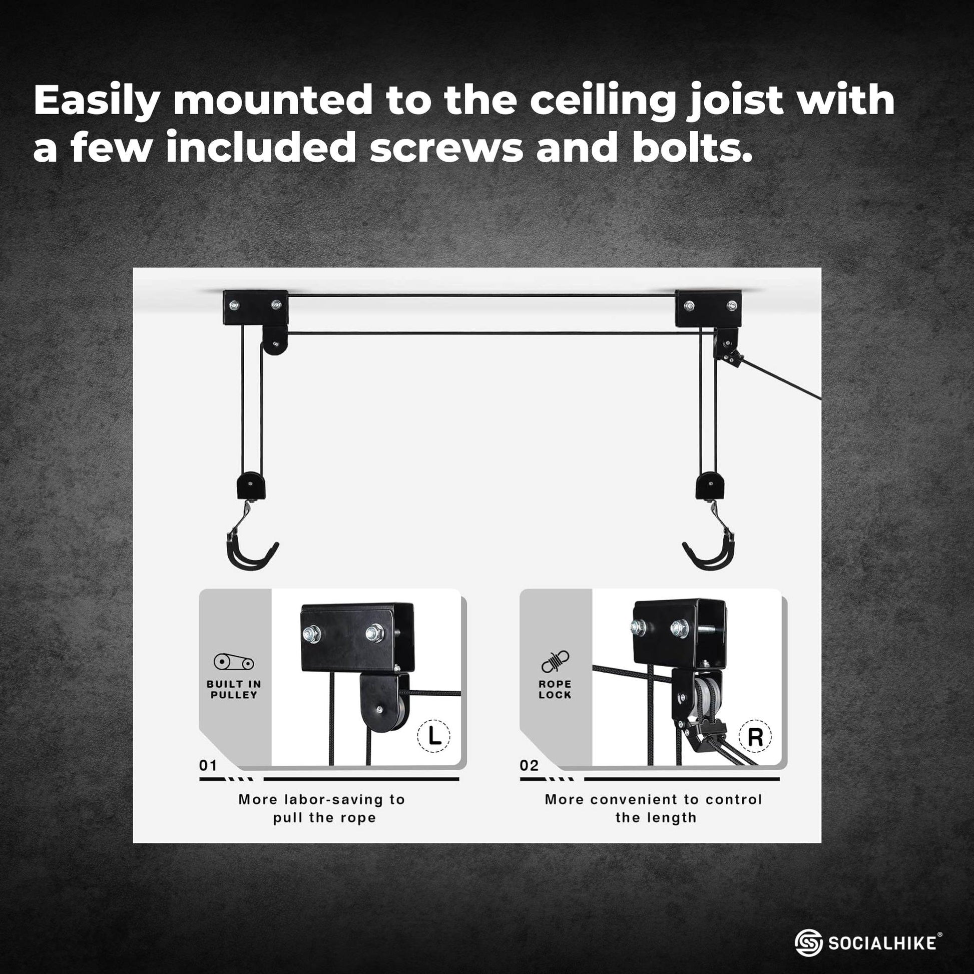 Kayak Hoist - 45kg Garage Ceiling Pulley Lift Storage System Bike Luggage Holder