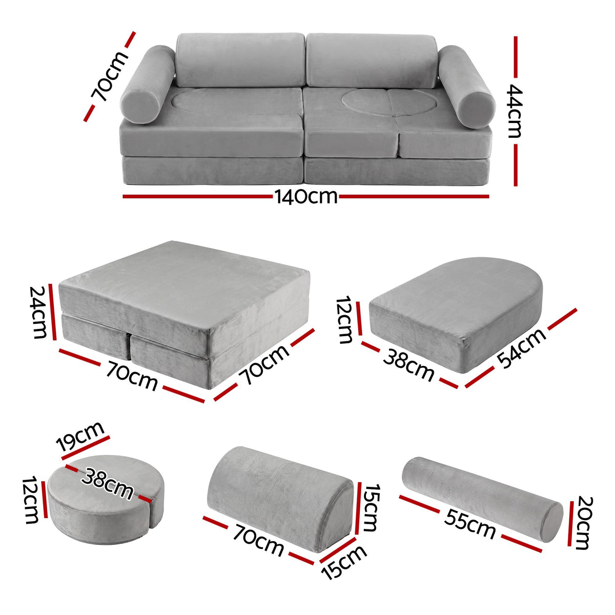 Keezi 12PCS Modular Kids Sofa Play Couch Foam Set with Removable Washable Cover Grey Playroom