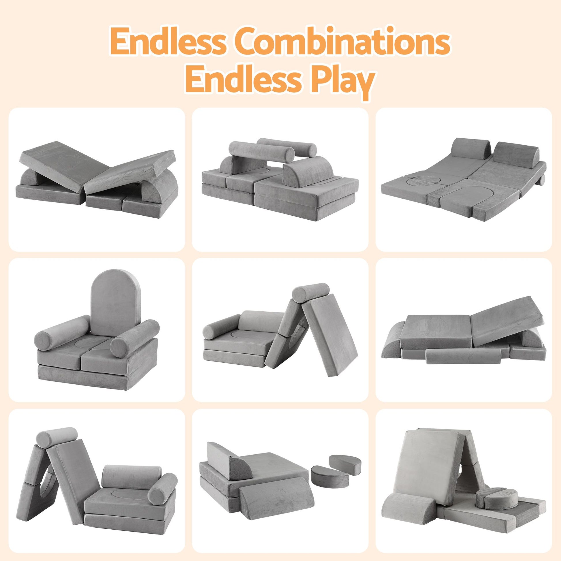 Keezi 12PCS Modular Kids Sofa Play Couch Foam Set with Removable Washable Cover Grey Playroom