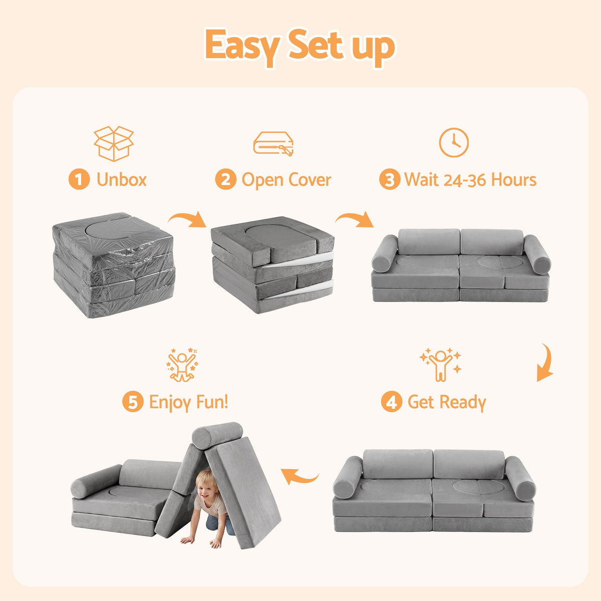 Keezi 12PCS Modular Kids Sofa Play Couch Foam Set with Removable Washable Cover Grey Playroom