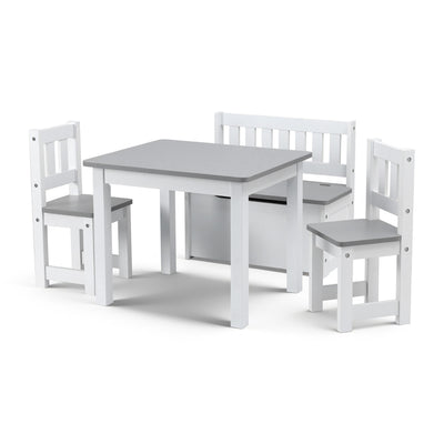 Keezi 2 in 1 Kids Table and Chair Set, Activity Table with Storage Bench and 2 Chairs for Reading, Drawing, Writing, Snack Time & Arts Crafts, 4 PCS Toddler Table and Chair Set, Grey