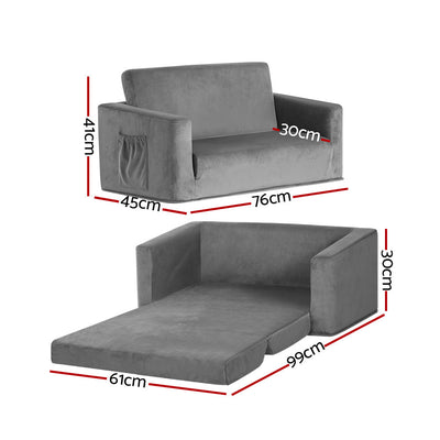 Keezi Kids Convertible Sofa 2 Seater Children Flip Open Couch Lounger Grey