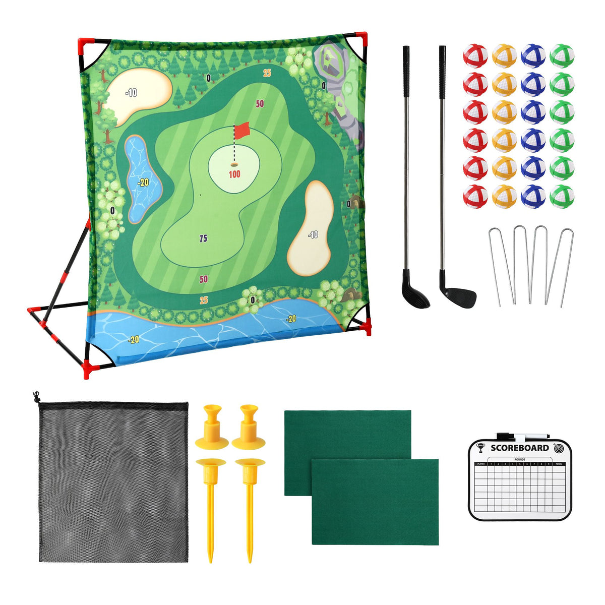 Keezi Kids Golf Play Set Chipping Game, 24 Sticky Balls, Adjustable Club & 2 Hitting Mats for Indoor Outdoor Ages 3-12 Play