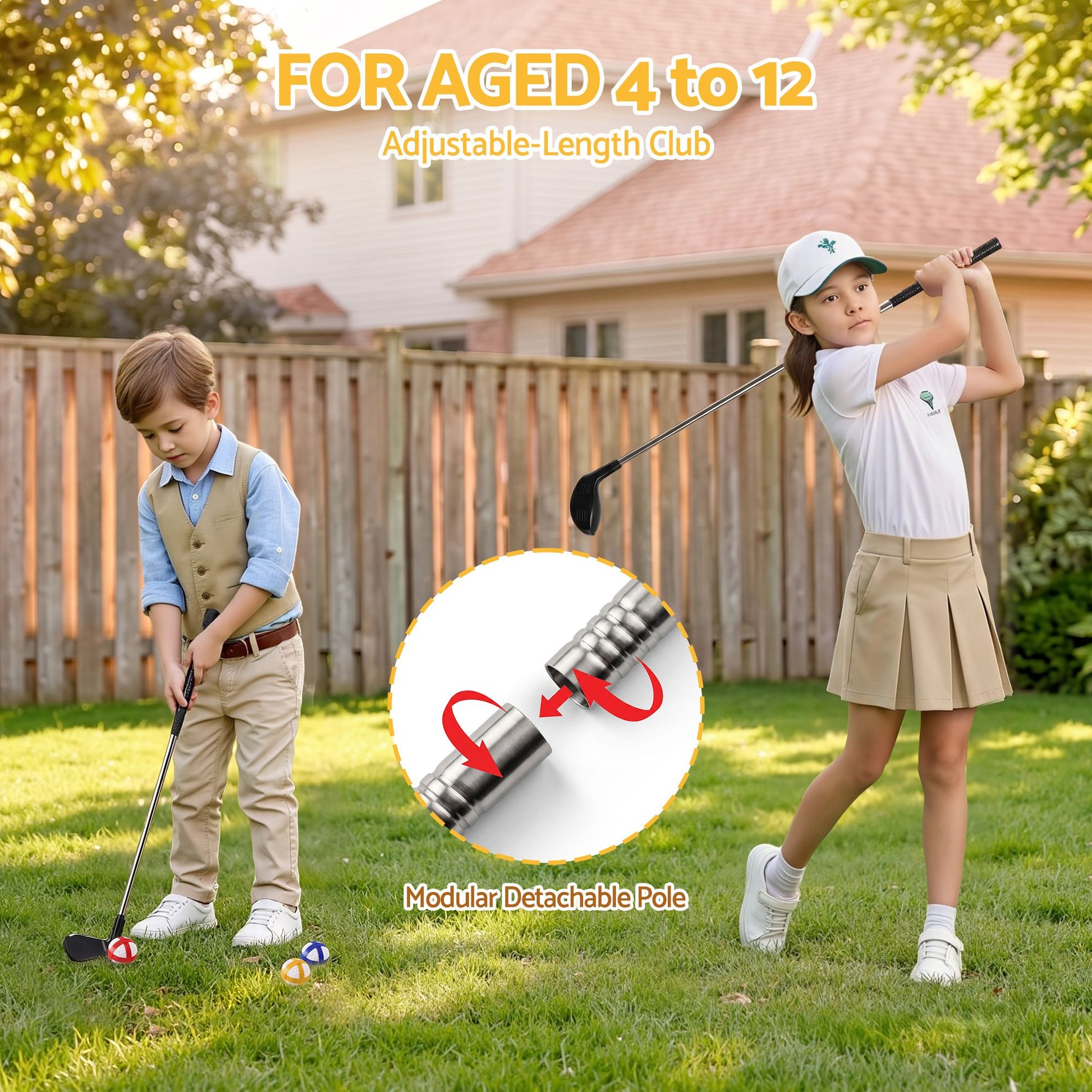 Keezi Kids Golf Play Set Chipping Game, 24 Sticky Balls, Adjustable Club & 2 Hitting Mats for Indoor Outdoor Ages 3-12 Play