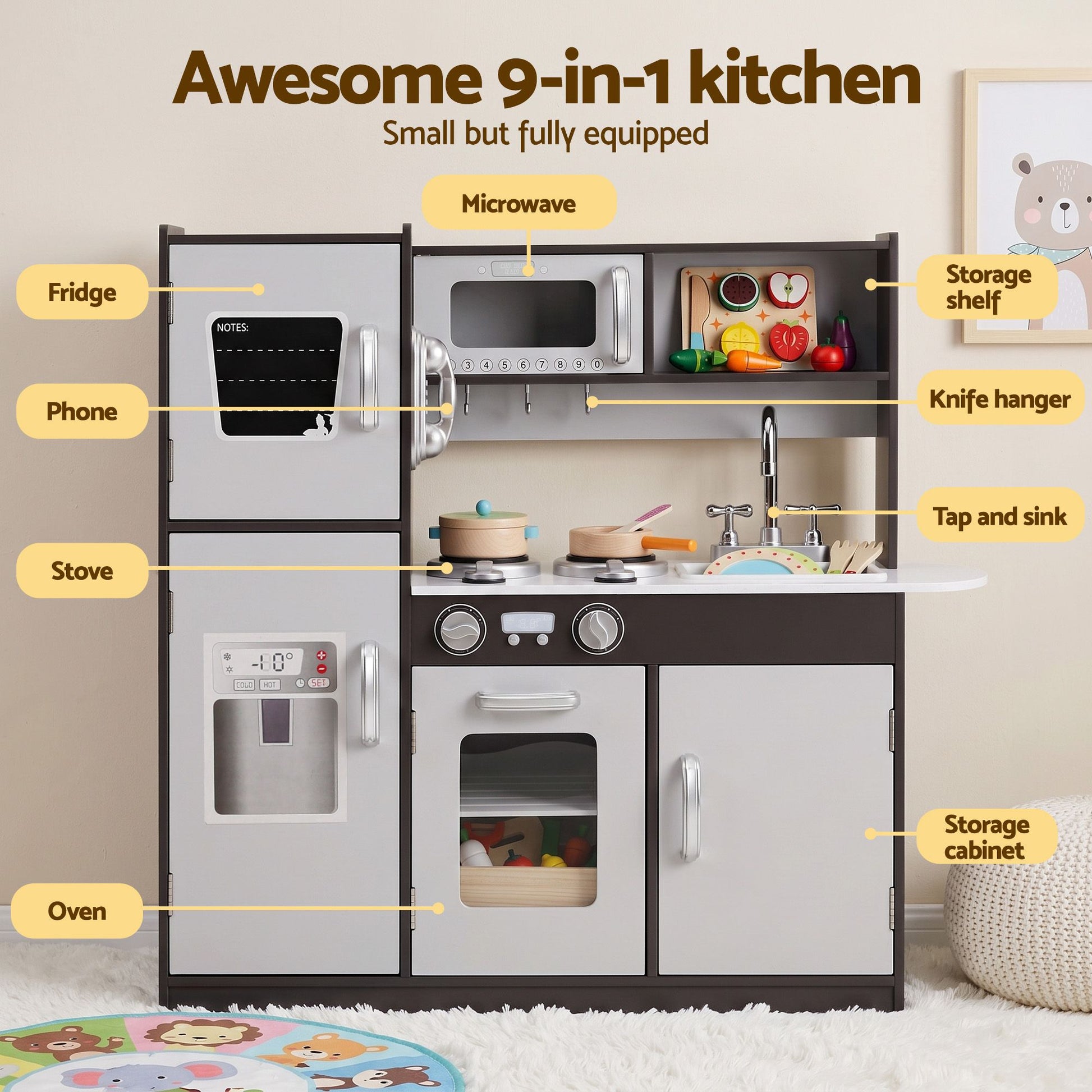 Keezi Kids Play Kitchen Pretend Toy Kitchen With Wooden Play Food Set