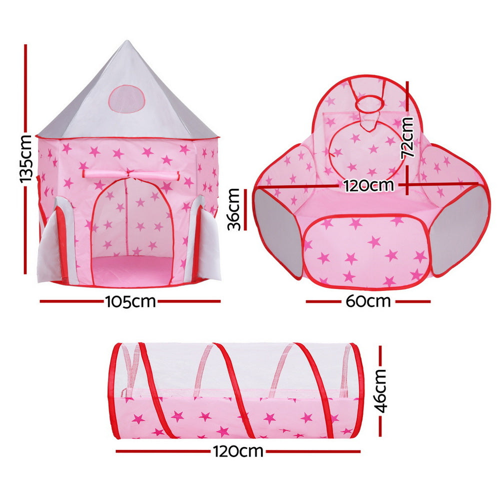 Keezi Kids Playhouse Play Tent Pop Up Castle Crawl Tunnel Basketball Hoop Pink