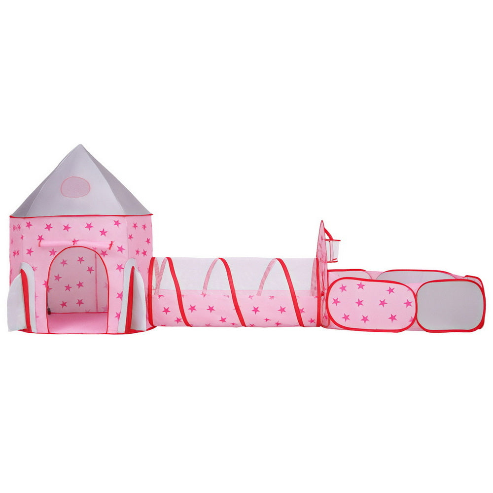 Keezi Kids Playhouse Play Tent Pop Up Castle Crawl Tunnel Basketball Hoop Pink