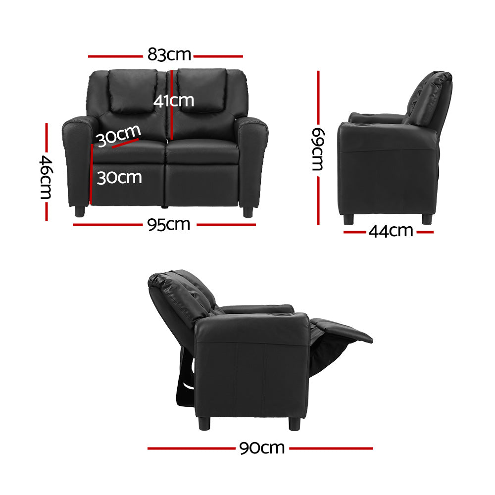 Keezi Kids Recliner Chair 2 Seats PU Leather Sofa Lounge Couch Armchair Black