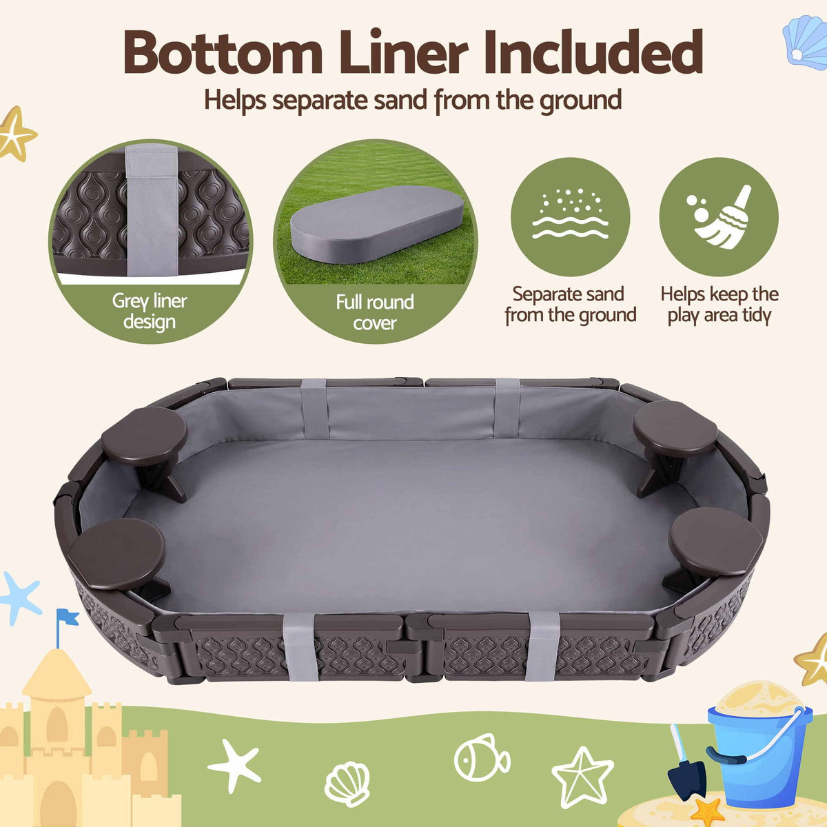 Keezi Kids Sandpit Toys Outdoor Sandbox Oval Sand Pit 4 Seats Grey Cover