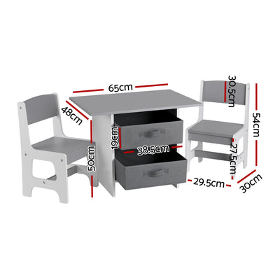 Keezi Kids Table and 2 Chairs Set Wooden Activity Table wit 2 Storage Drawers, Toddler Table and Chair Set for Children Drawing, Reading, Crafts, Eating, Grey