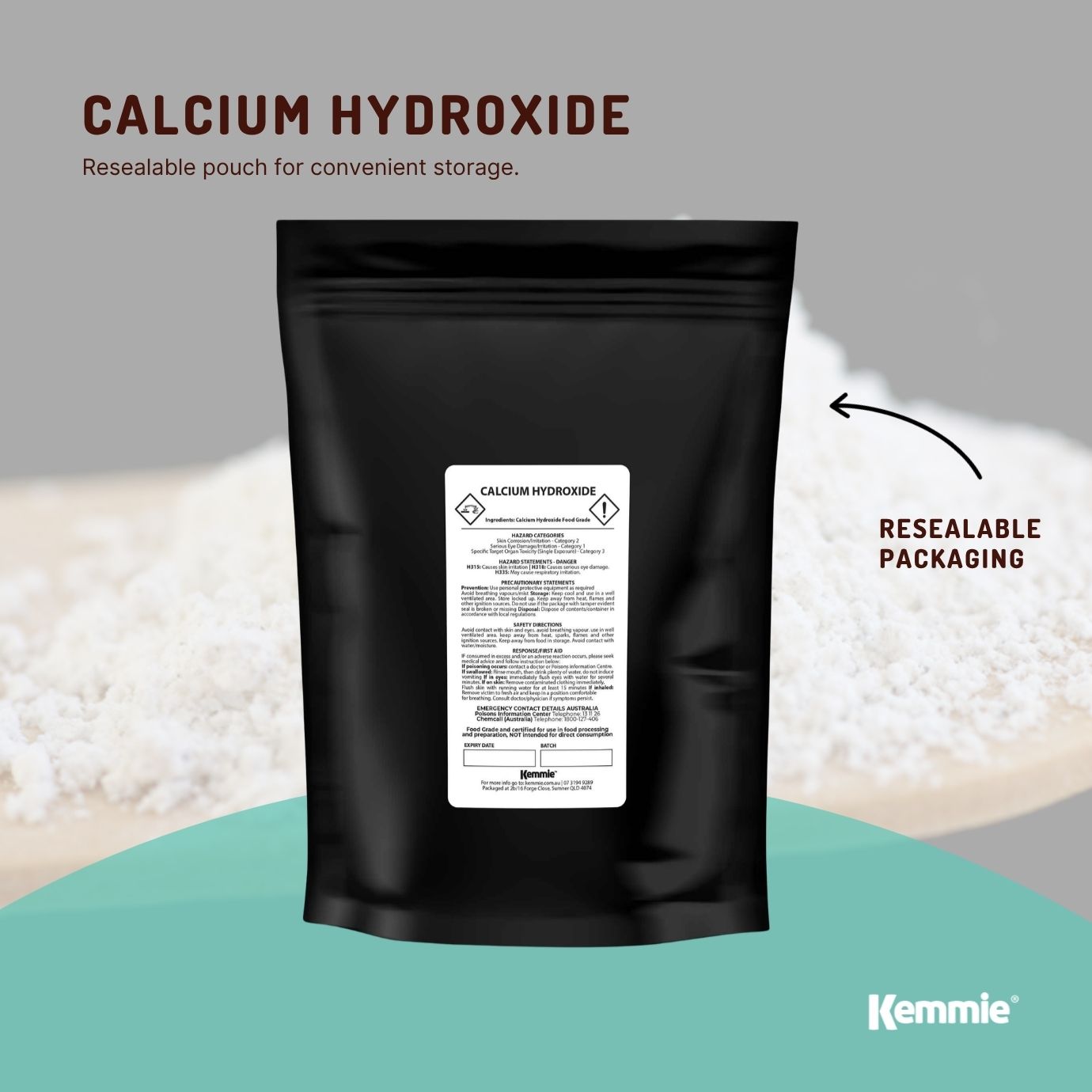 Kemmie 100g Calcium Hydroxide Powder - Food Grade Pickling Lime Slaked Lime FCC