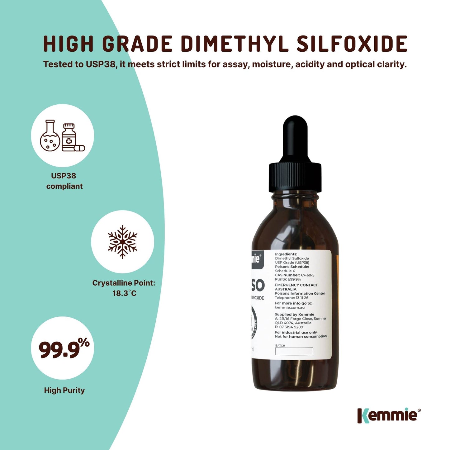 Kemmie 100ml DMSO Liquid 99.9% - Pure USP Grade Dimethyl Sulfoxide Dropper