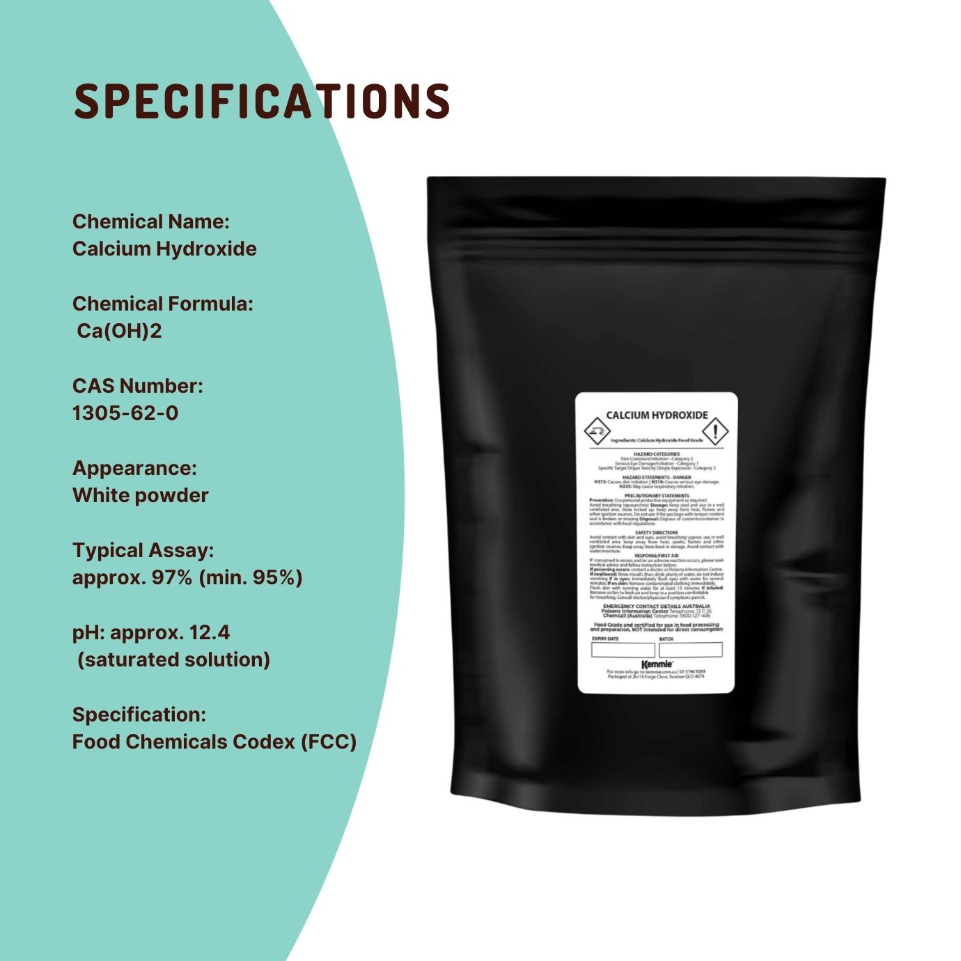 Kemmie 2Kg Calcium Hydroxide Powder - Food Grade Pickling Lime Slaked Lime FCC