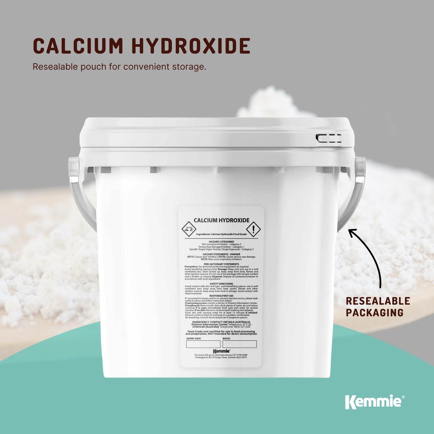 Kemmie 2.5kg Calcium Hydroxide Powder Tub - Food Grade Pickling Lime FCC