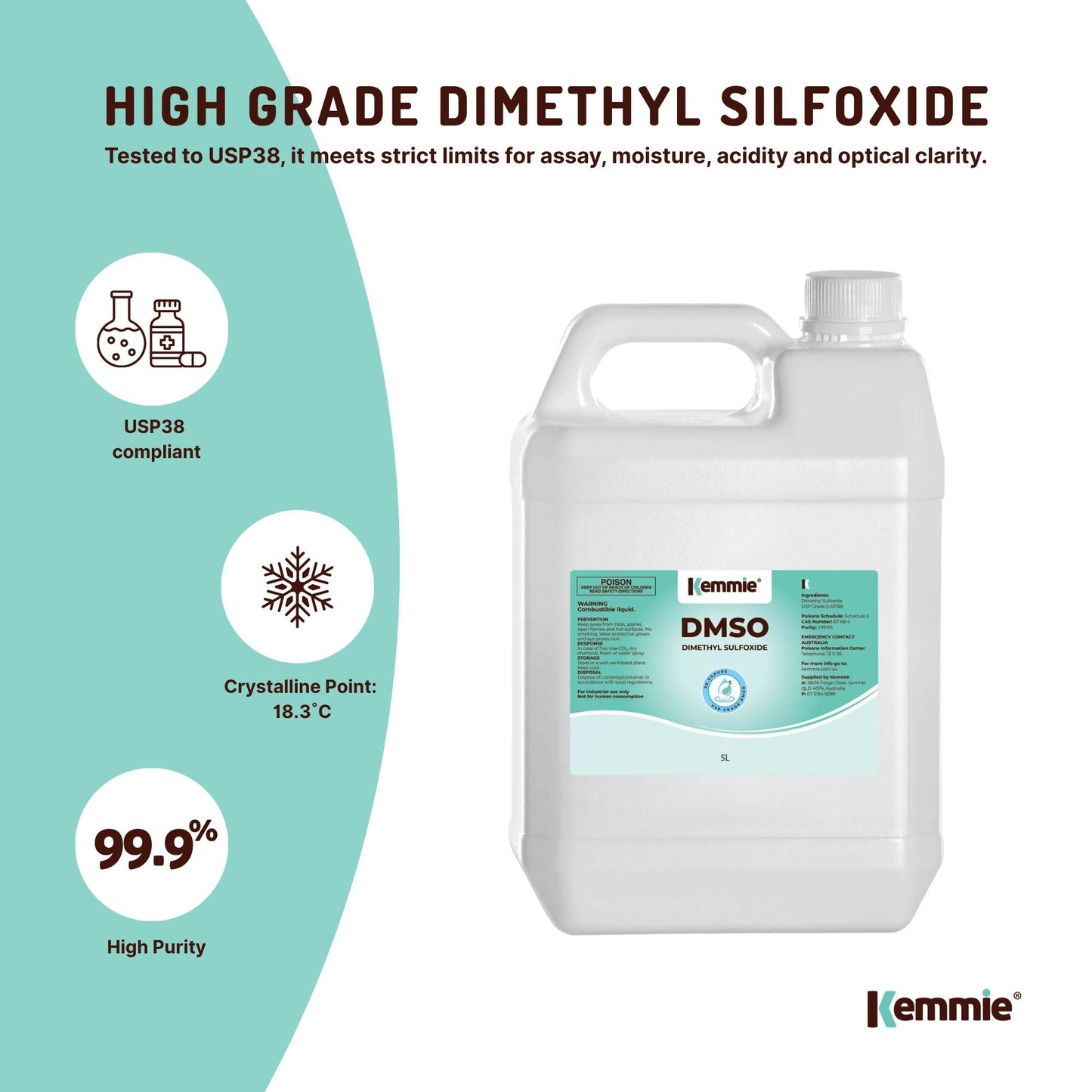 Kemmie 5L DMSO Liquid 99.9% Pure - USP Grade Dimethyl Sulfoxide Solvent Bulk