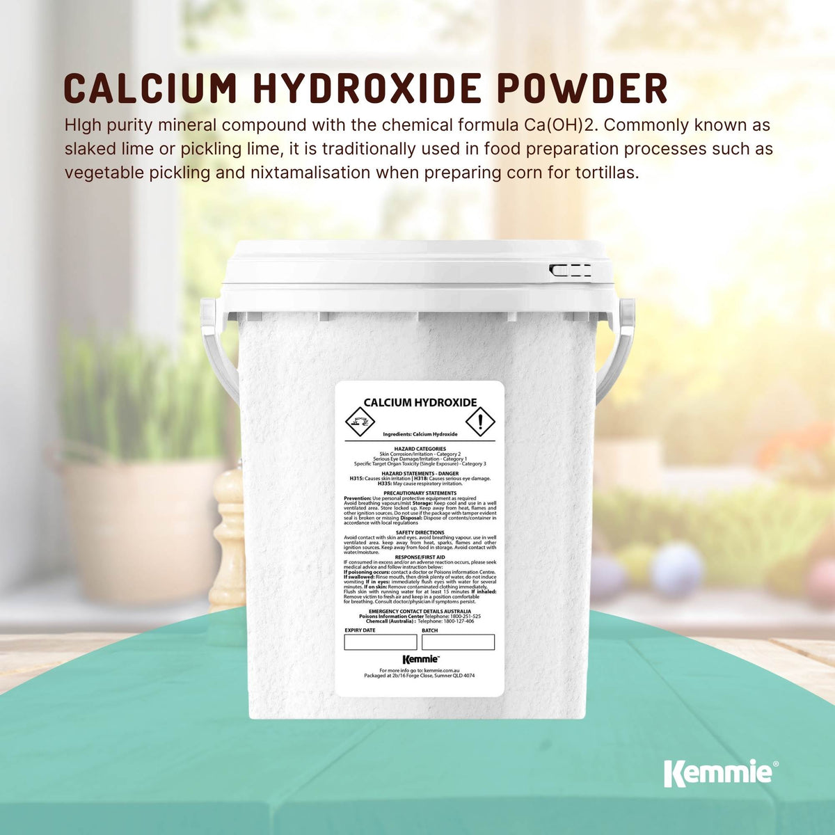Kemmie 600g Calcium Hydroxide Powder Food Grade FCC Pickling Lime Tub