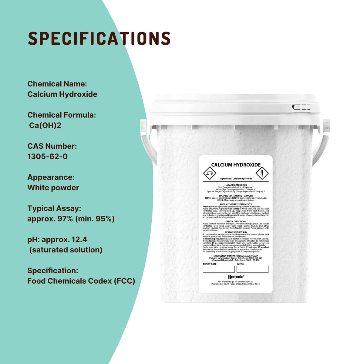 Kemmie 600g Calcium Hydroxide Powder Food Grade FCC Pickling Lime Tub