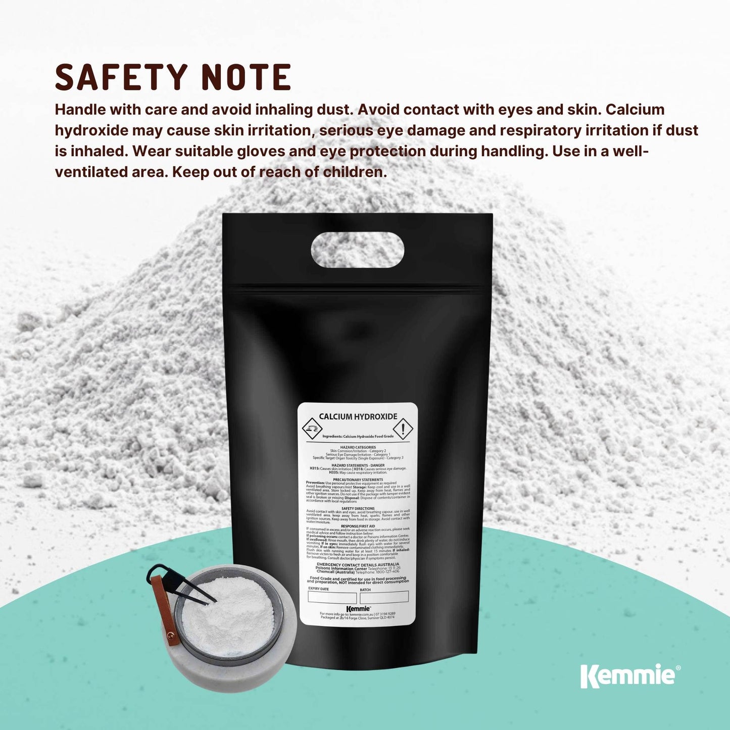 Kemmie Bulk 20Kg Calcium Hydroxide Powder - Food Grade Pickling Lime FCC