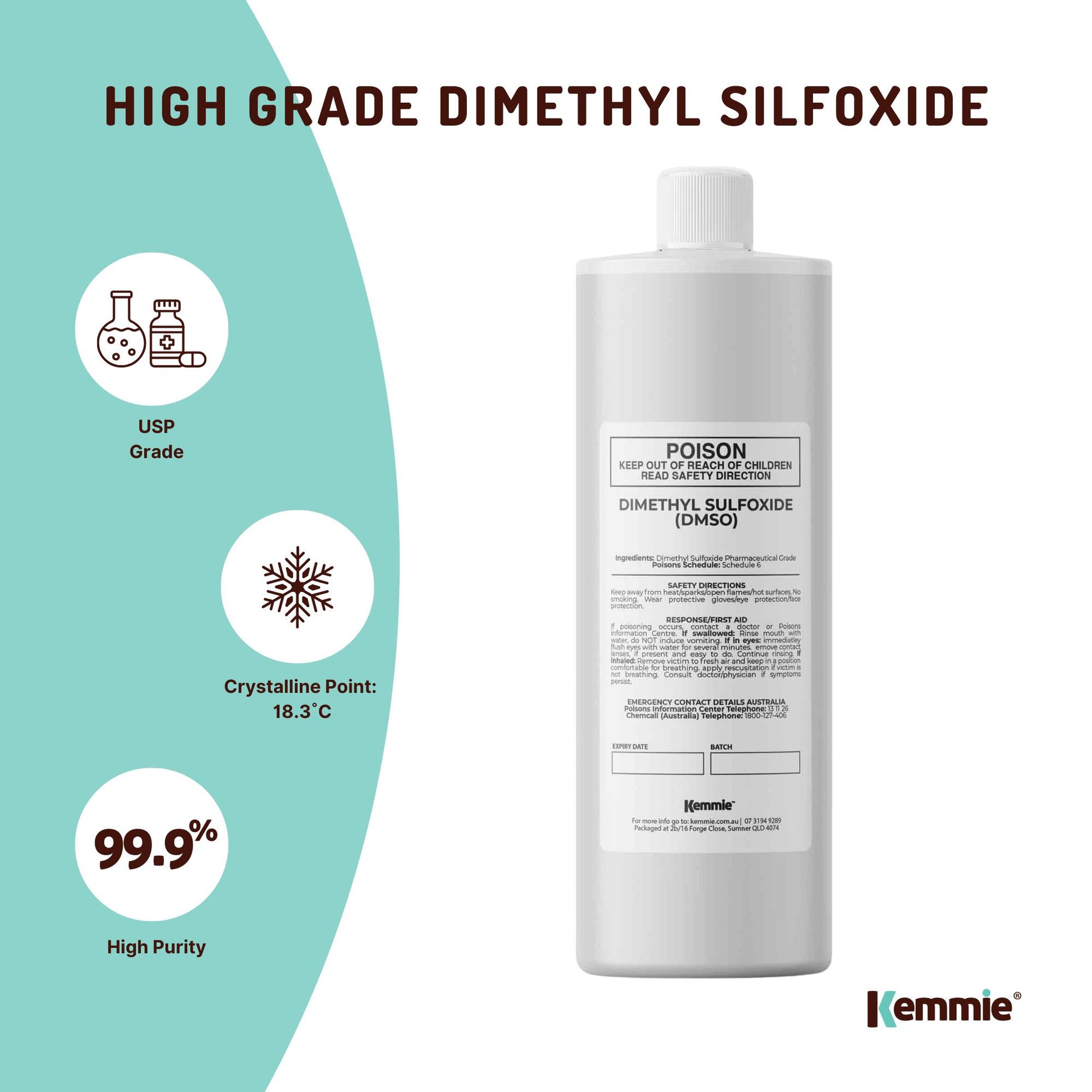 Kemmie DMSO Liquid 99.9% Pure - USP Grade Dimethyl Sulfoxide Solvent